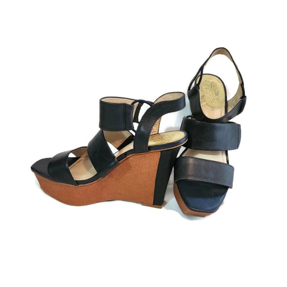 Vince Camuto Niskera Blue Open Toe Leather Slingback Wedge Sandal 7 - Picture 3 of 5